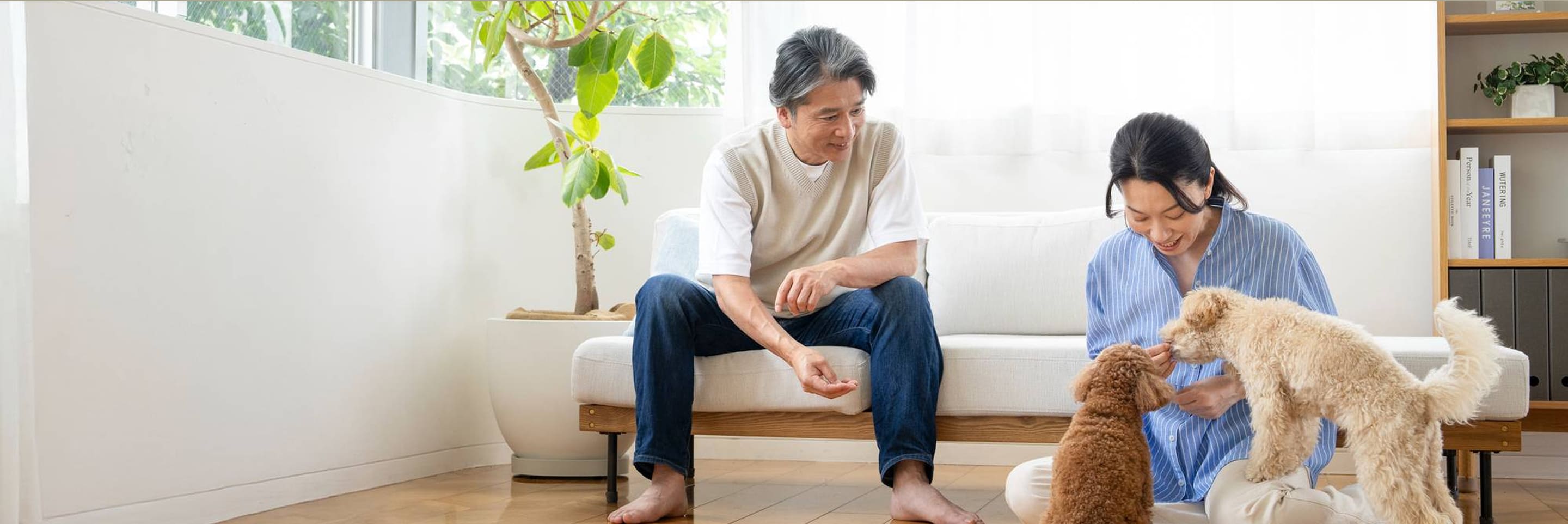 ソファでくつろぎながら犬と触れ合う夫婦